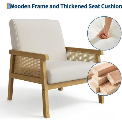 Rattanseiten Sessel | Gepolsterter Lesesessel Holzgestell Beige