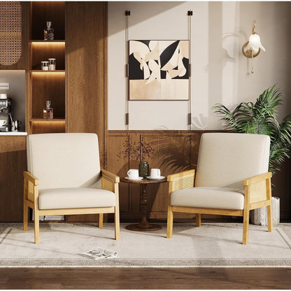Rattanseiten Sessel | Gepolsterter Lesesessel Holzgestell Beige