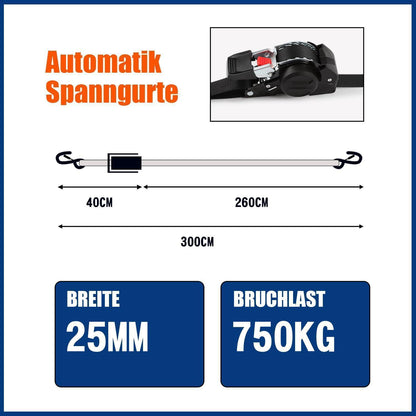 4x Automatischer Spanngurt 3m | 750kg Bruchlast | Schwarz