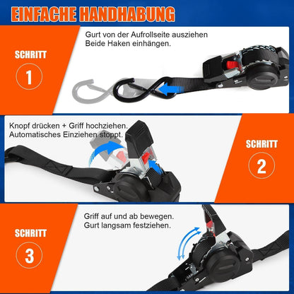 4x Automatischer Spanngurt 3m | 750kg Bruchlast | Schwarz