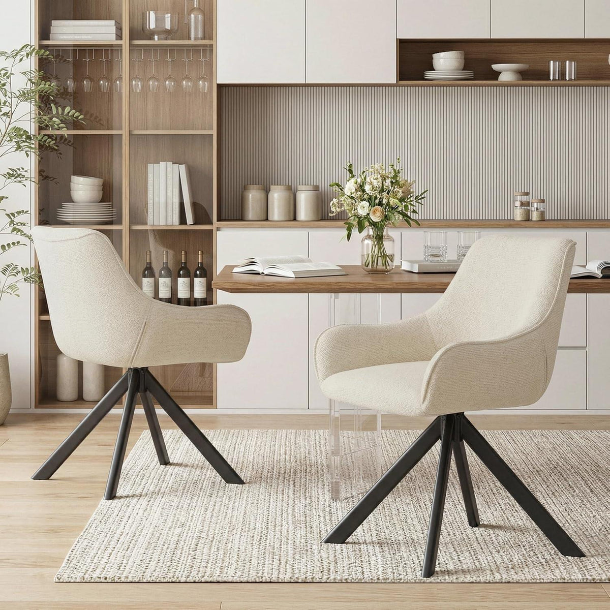 Drehbarer Esszimmerstuhl Set 6er – Cremeweiß, Chenille & Metallgestell