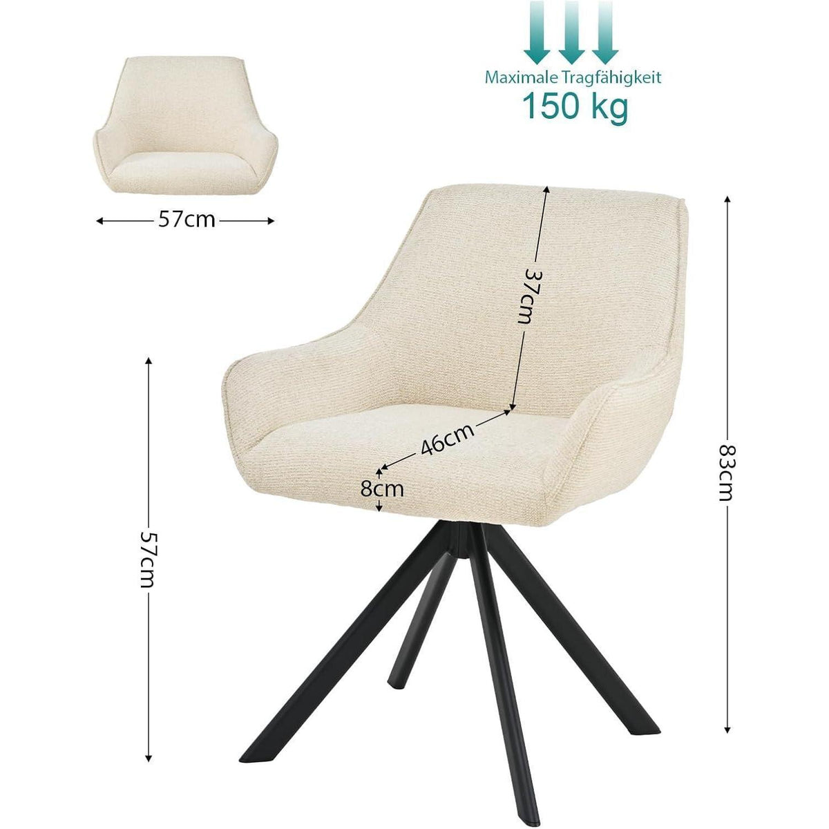 Drehbarer Esszimmerstuhl Set 6er – Cremeweiß, Chenille & Metallgestell