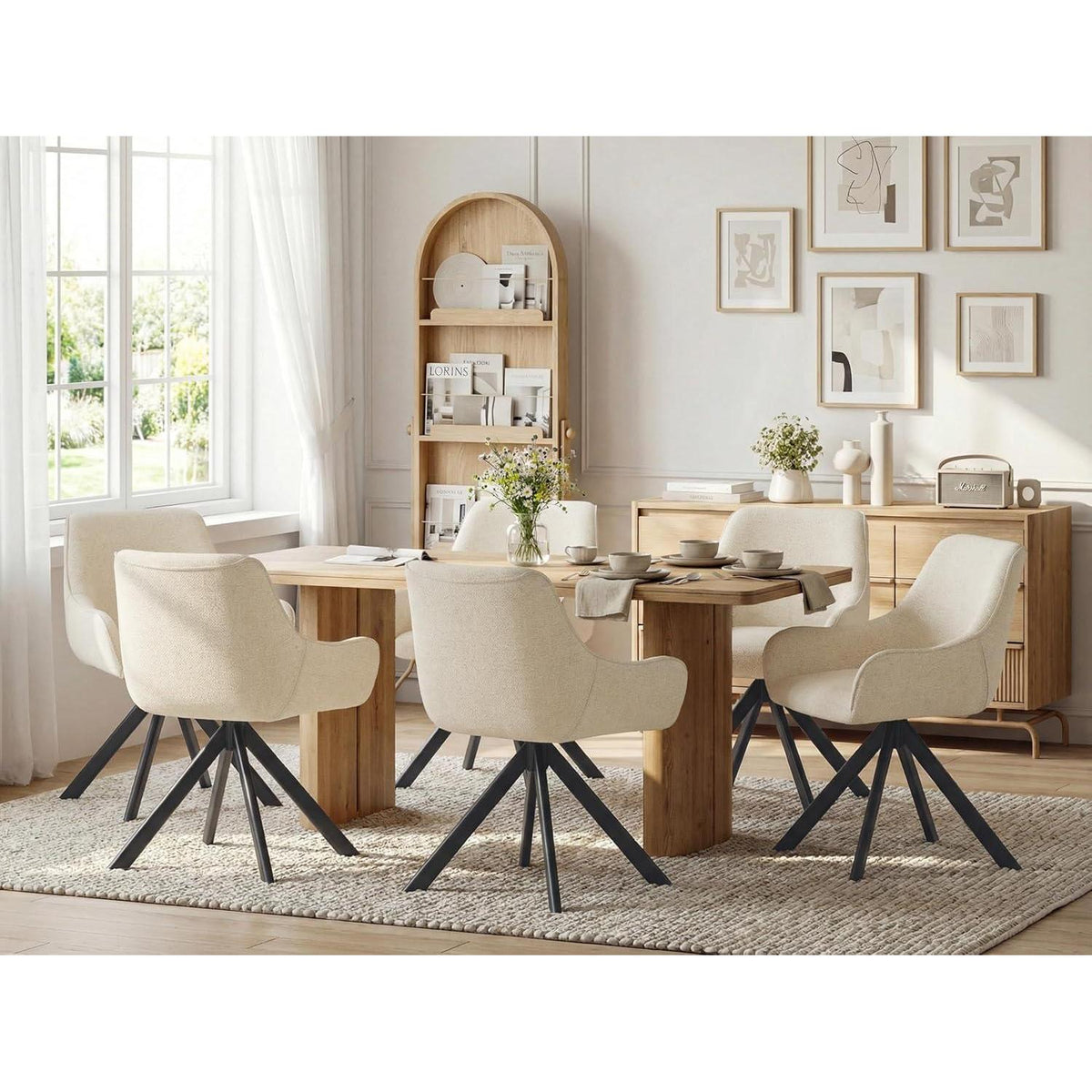 Drehbarer Esszimmerstuhl Set 6er – Cremeweiß, Chenille & Metallgestell