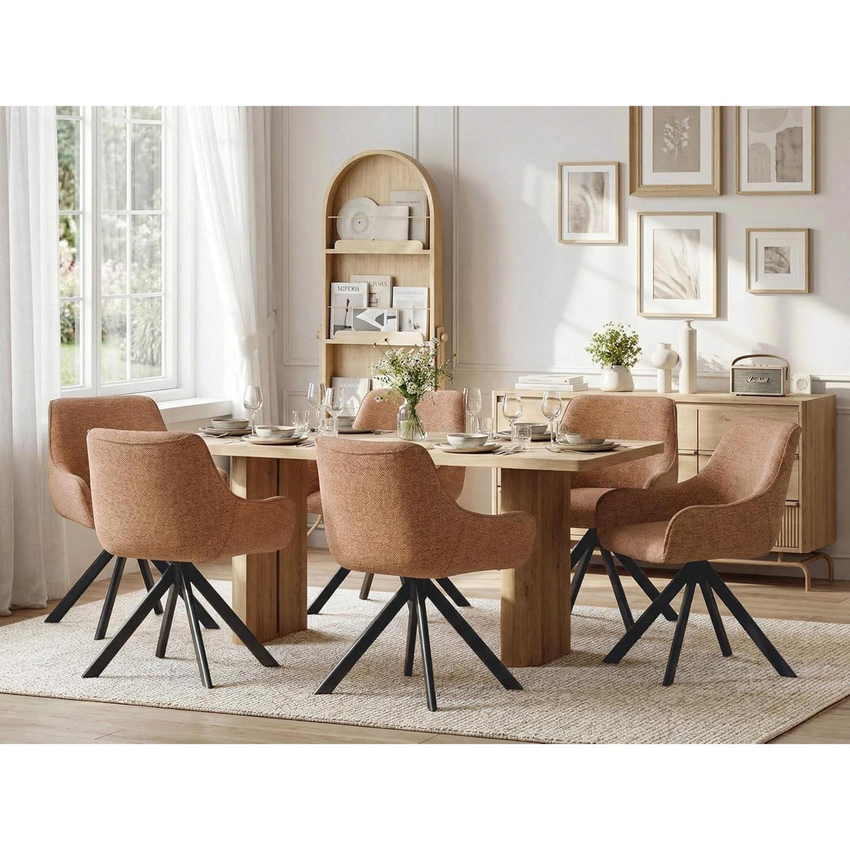 Drehbarer Esszimmerstuhl Set 6er – Chenille, Camelbraun