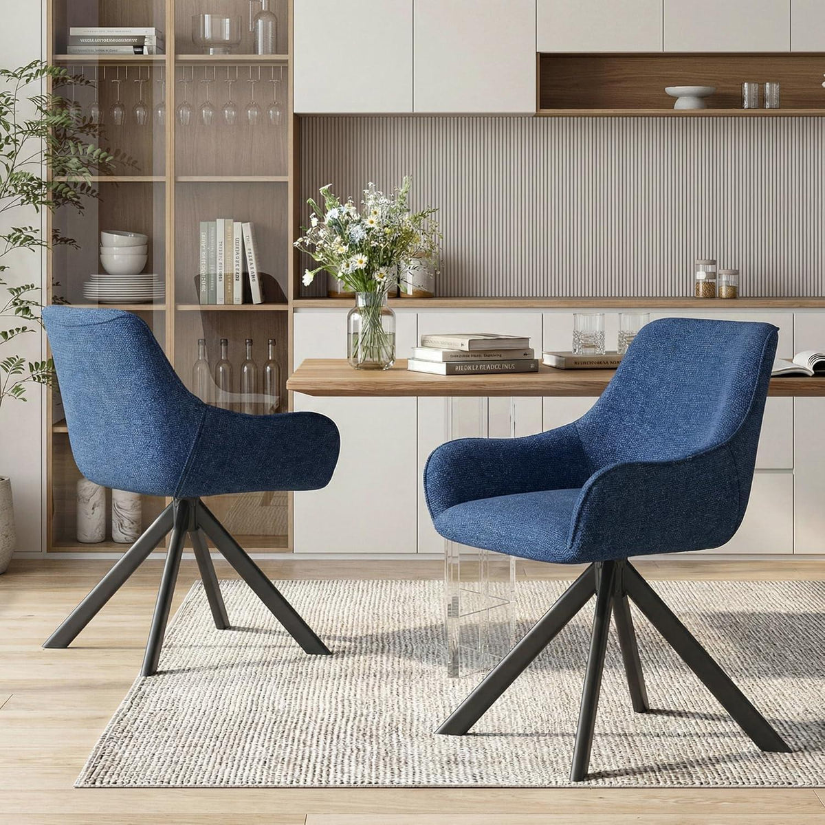 Drehbarer Esszimmerstuhl Set Dunkelblau – 6er Set mit Armlehne