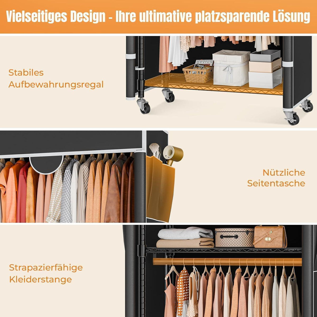 Kleiderständer auf Rollen, Stabil & Verstellbar, Schwarz