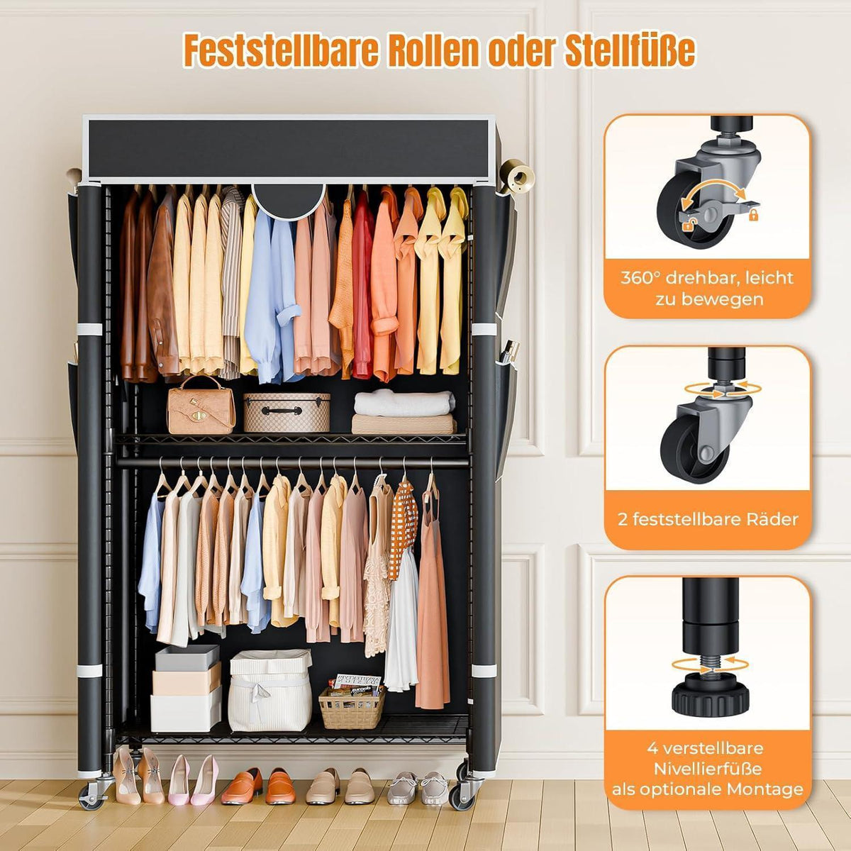 Kleiderständer auf Rollen, Stabil & Verstellbar, Schwarz