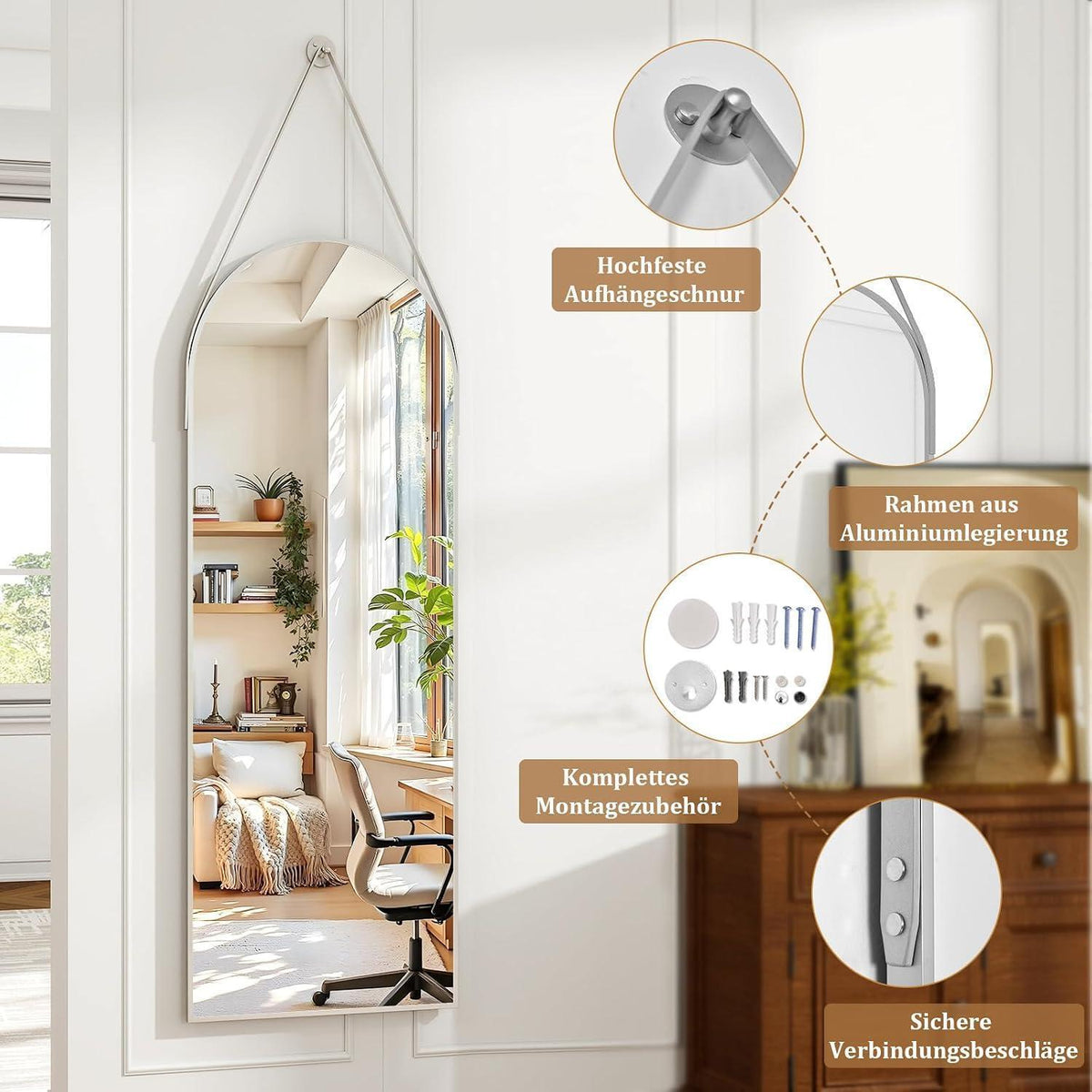 Ganzkörperspiegel hängend 40x120cm mit Band & Aluminiumrahmen in Lederoptik