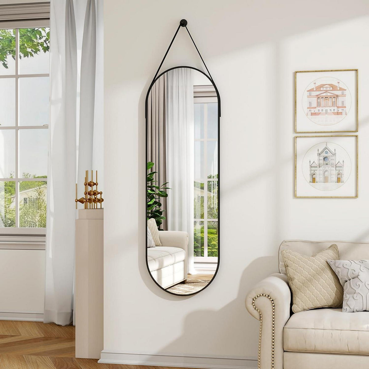 Ovaler Wandspiegel 120x40cm mit Band – Modern & Elegant in Lederoptik