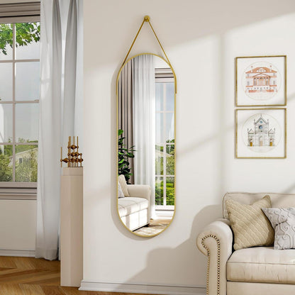 Ovaler Hänge-Spiegel 120x40cm mit Band – Gold in Lederoptik