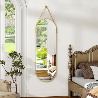 Ovaler Hänge-Spiegel 120x40cm mit Band – Gold in Lederoptik