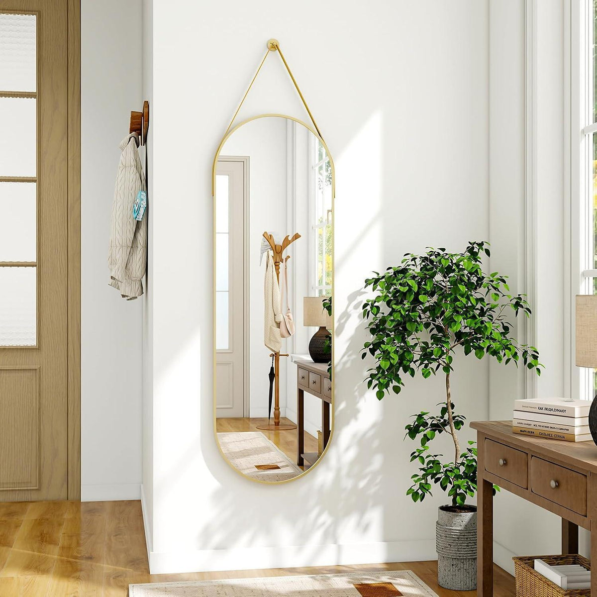 Ovaler Hänge-Spiegel 120x40cm mit Band – Gold in Lederoptik