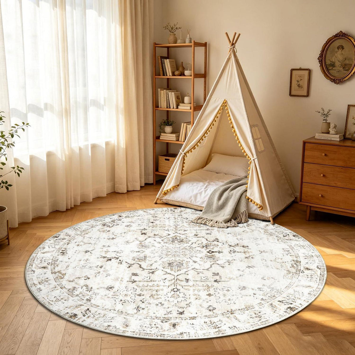 Runder Waschtbarer Teppich 180cm – Vintage Beige Kurzflor