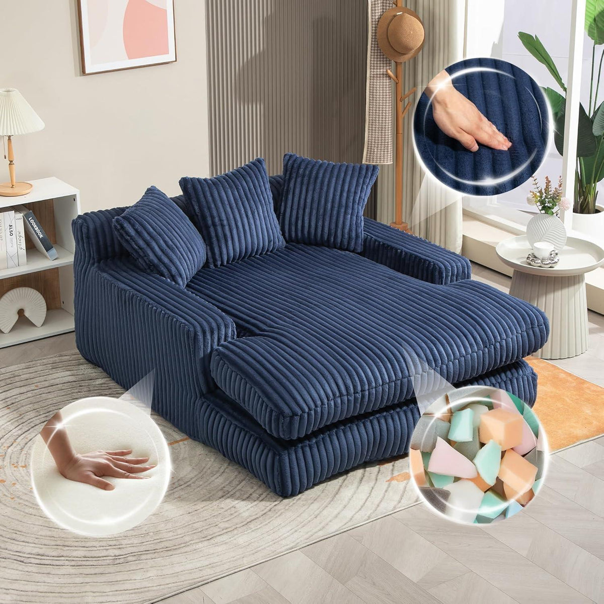 Boneless Couch: Bequemes Cord-Schlafsofa mit 3 Kissen (Marineblau)