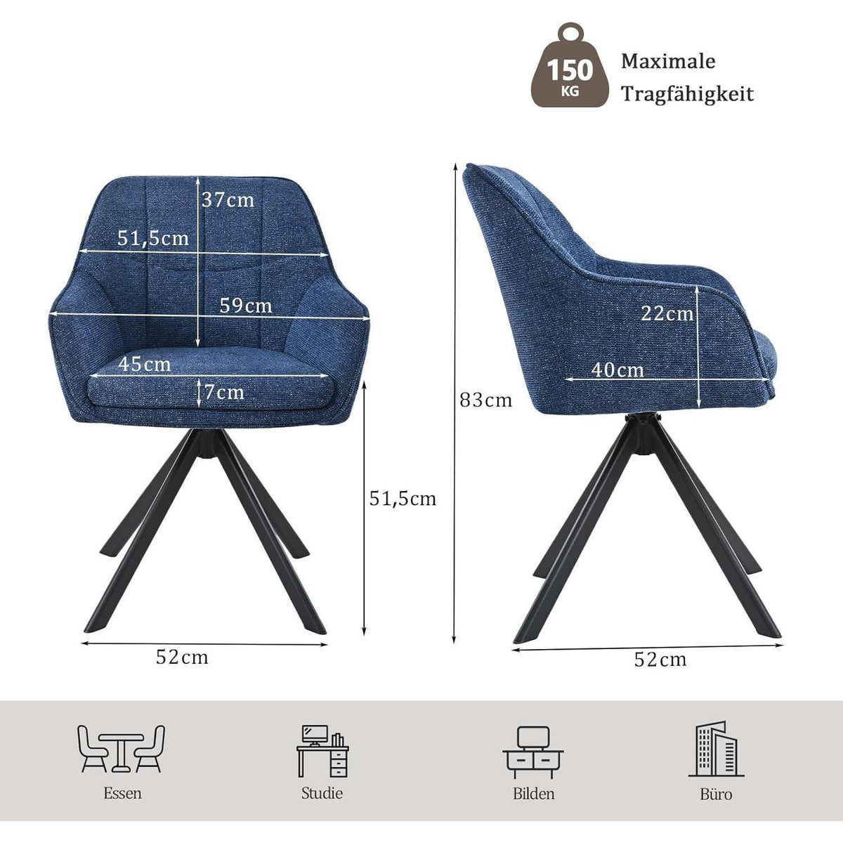 Drehbarer Esszimmerstuhl Set Dunkelblau – 4er Set mit Chenille