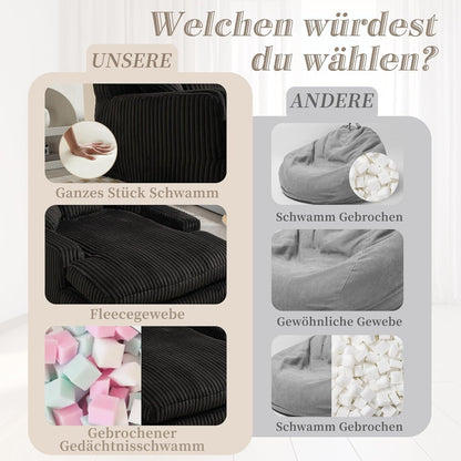 Boneless Couch: Bequemes Cord-Schlafsofa mit 3 Kissen (Schwarz)