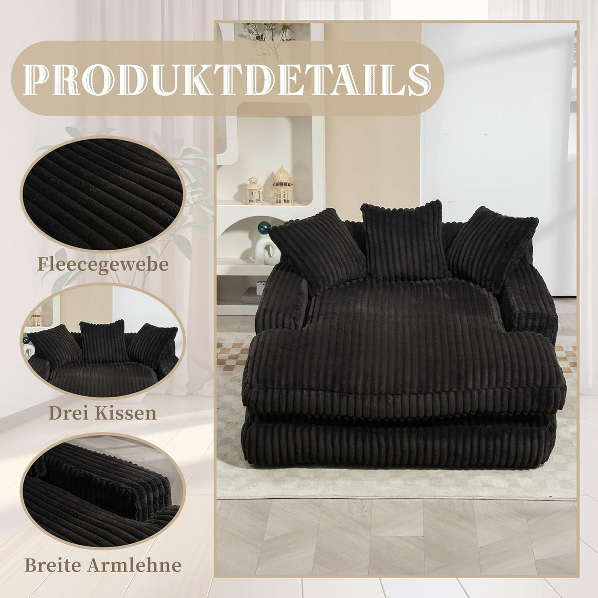 Boneless Couch: Bequemes Cord-Schlafsofa mit 3 Kissen (Schwarz)