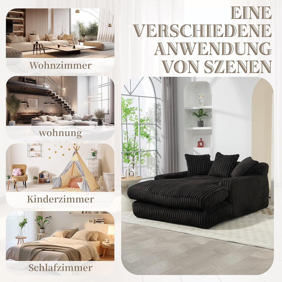 Boneless Couch: Bequemes Cord-Schlafsofa mit 3 Kissen (Schwarz)