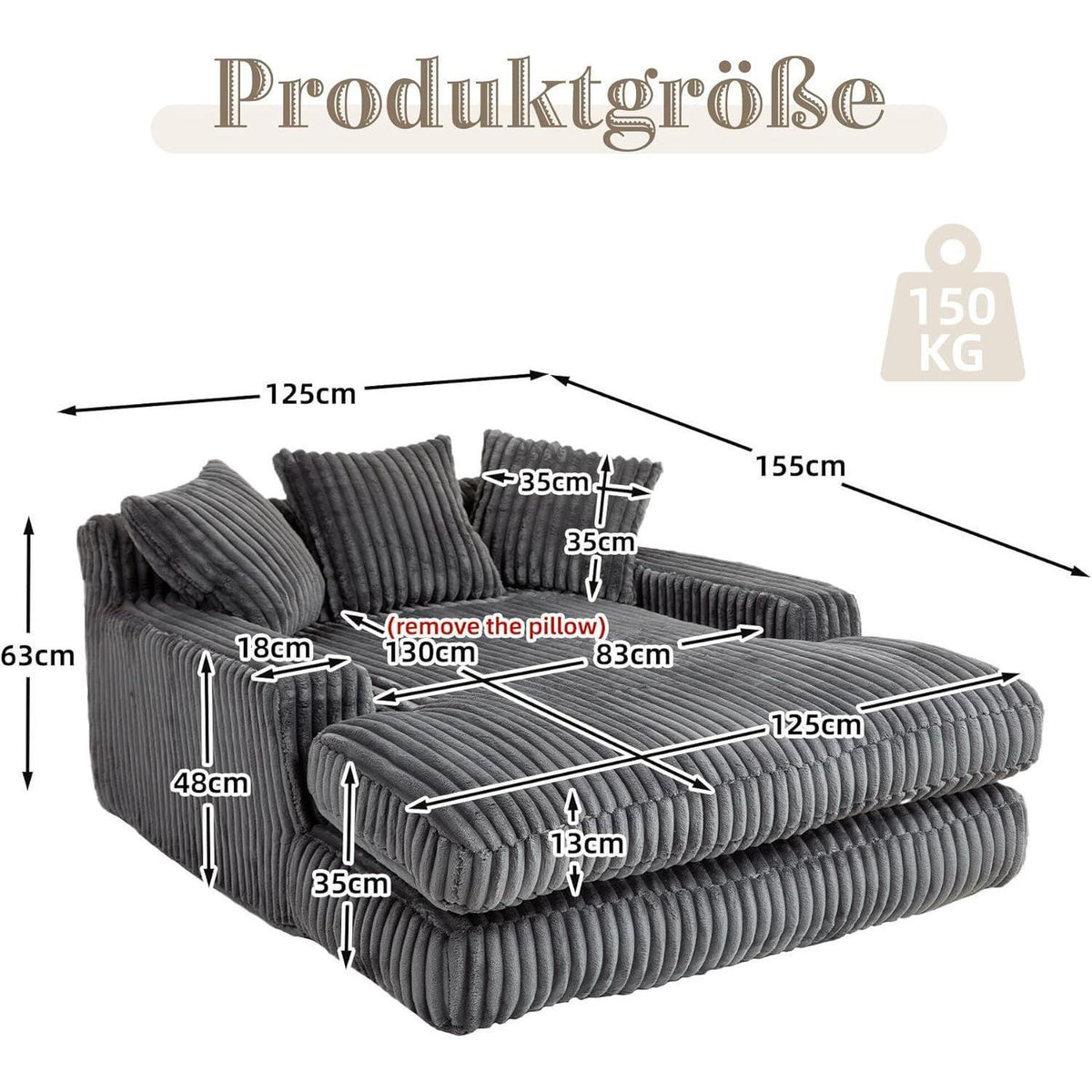 Boneless Couch: Bequemes Cord-Schlafsofa mit 3 Kissen (Dunkel Grau)