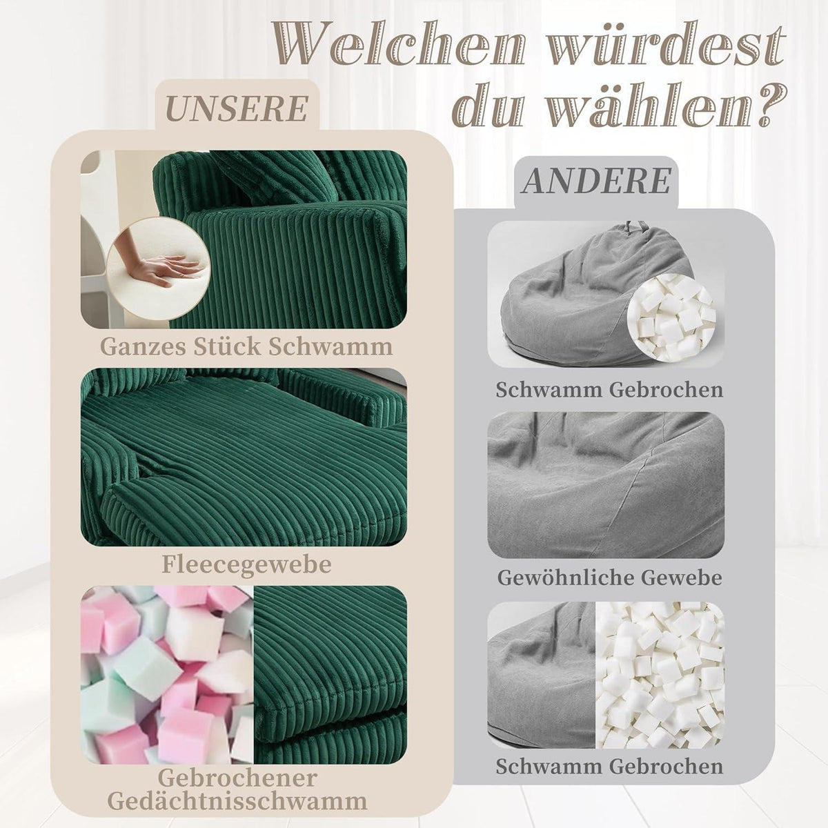 Boneless Couch: Bequemes Cord-Schlafsofa in Grün