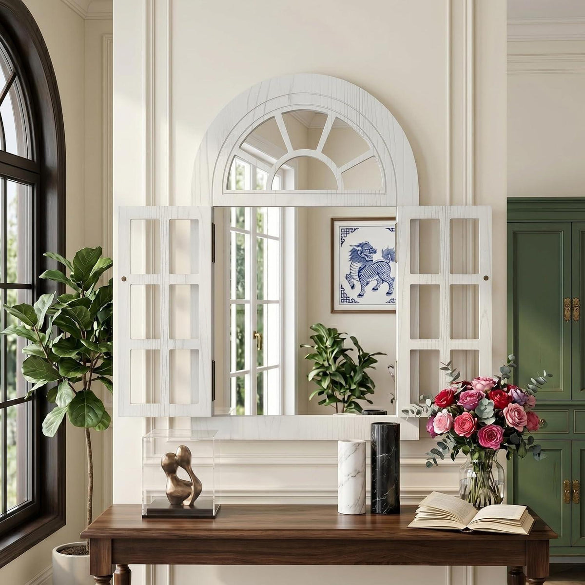 Klappbarer Fenster-Wandspiegel Holzrahmen Weiß 60x90