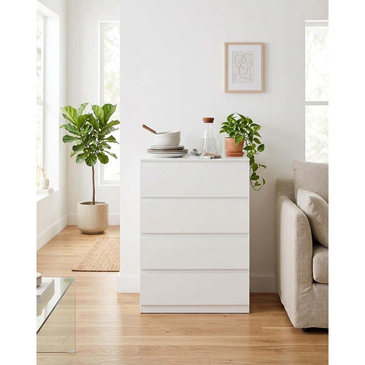 Weiße Kommode mit 4 Schubladen – 60x40x98 cm