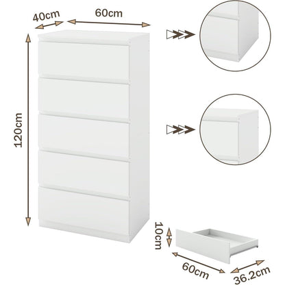 Weiß Kommode mit 5 Schubladen – 60x40x120 cm