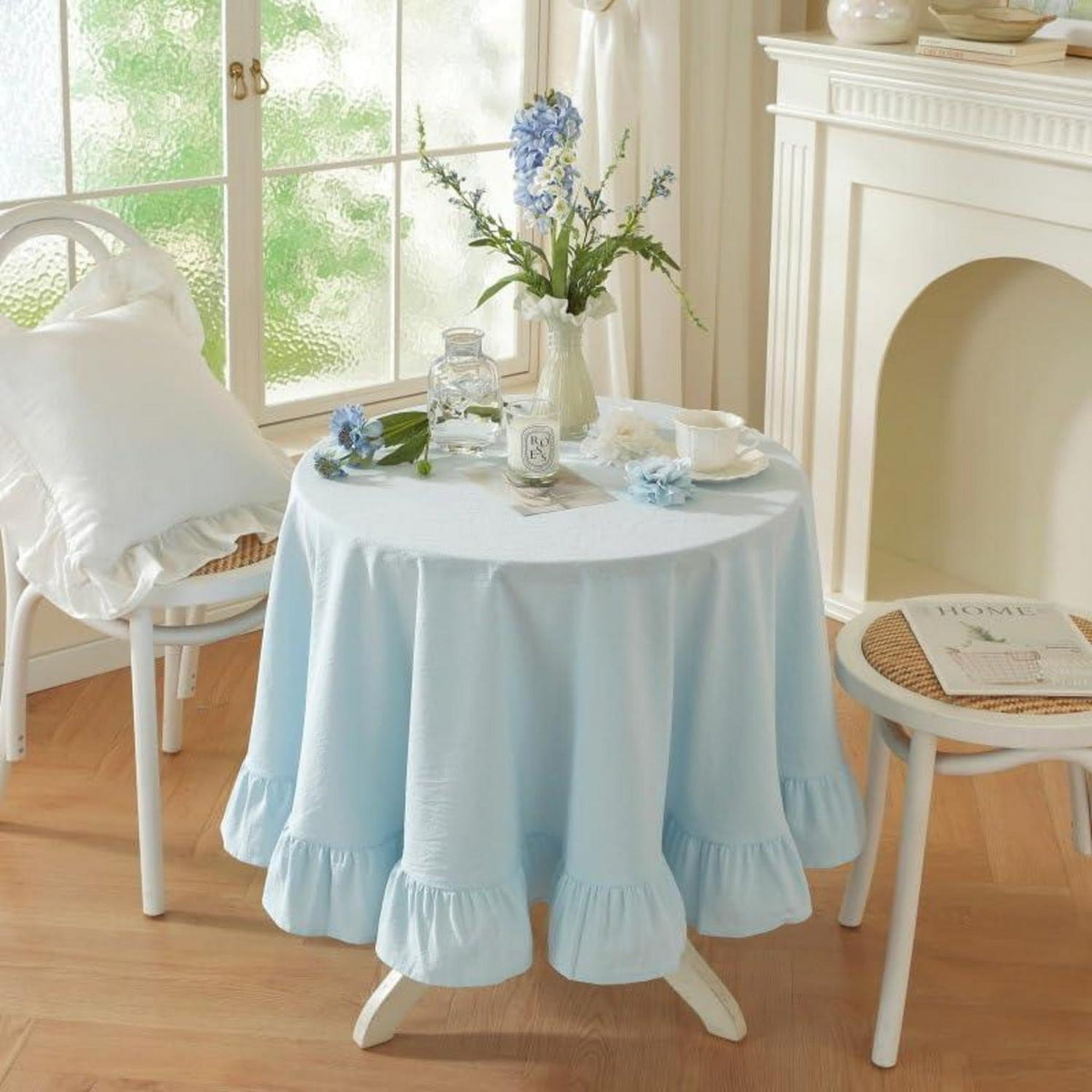 Baumwoll-Leinen Tischdecke Rüschen 140x300cm – Hellblau