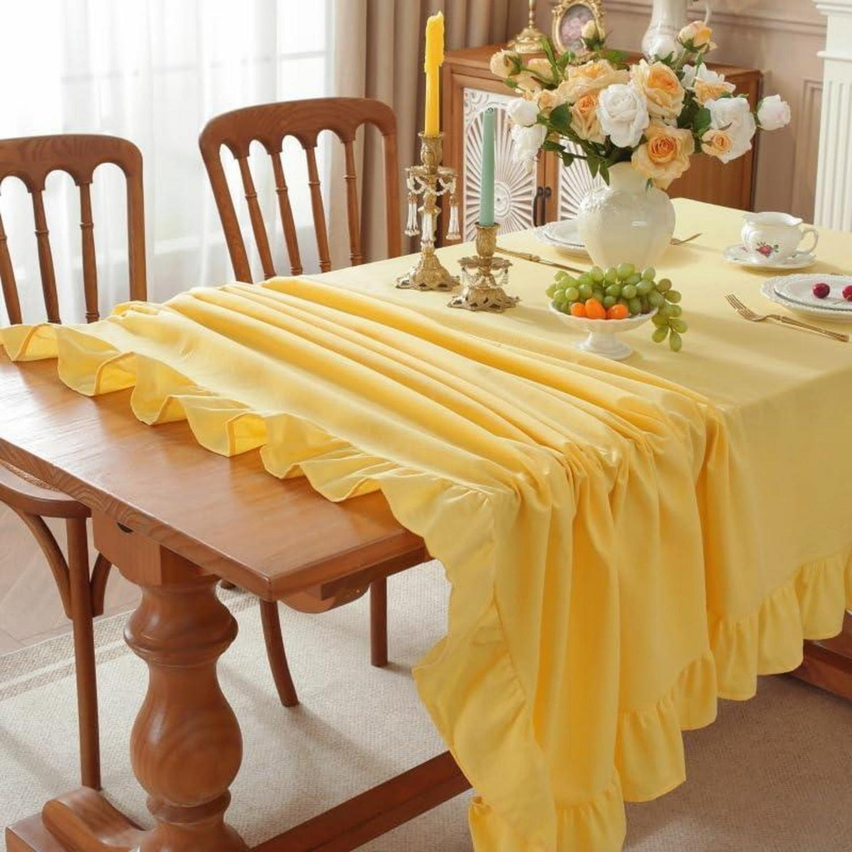Baumwoll-Leinen Tischdecke Rüschen 140x300cm – Landhausstil