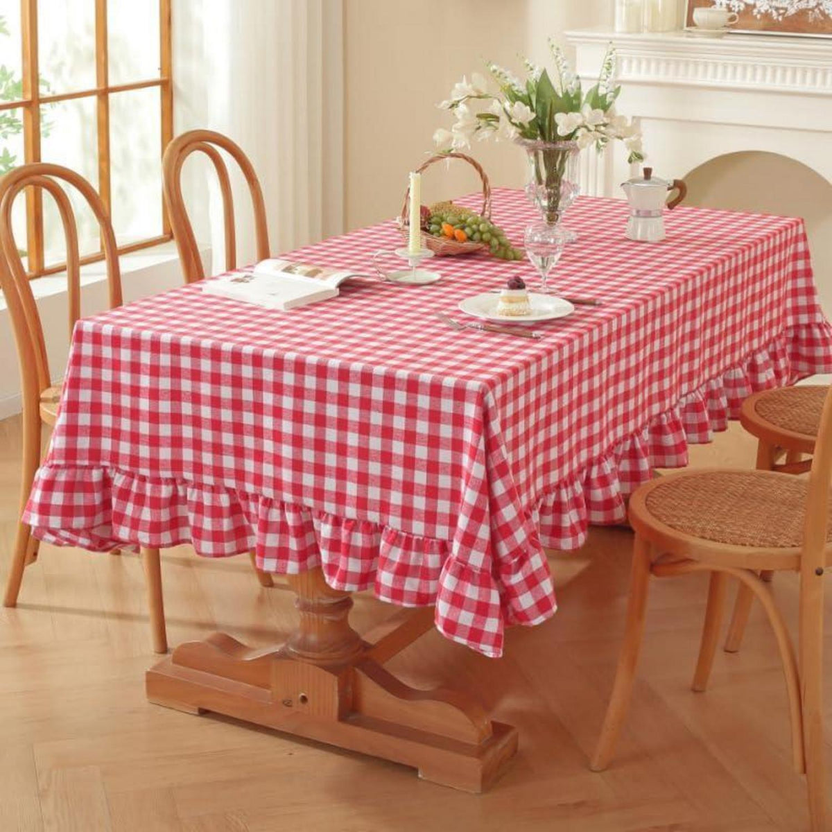 Baumwoll-Leinen Tischdecke Rüschen 152x305cm – Landhausstil