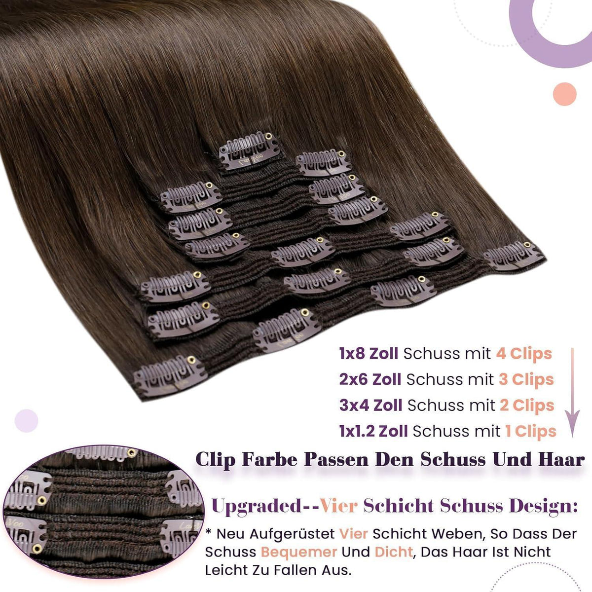 Echthaar Clip-In Extensions Dunkelbraun 45cm