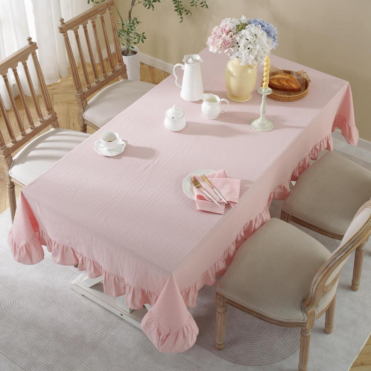 Baumwoll-Leinen Tischdecke Rüschen 140x300cm Rosa – Landhausstil