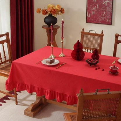 Baumwoll-Leinen Tischdecke mit Rüschen | 152x305cm | Rot