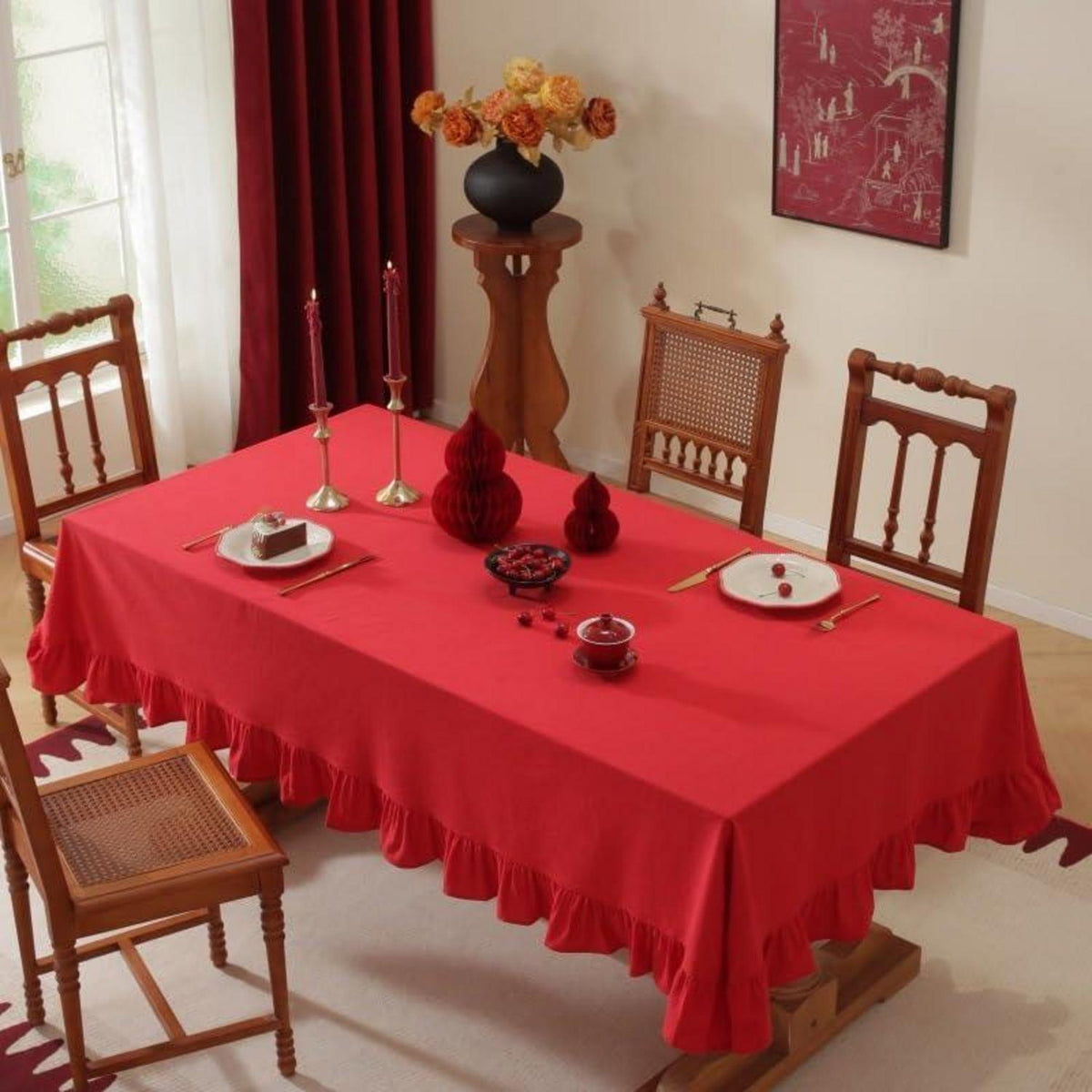 Baumwoll-Leinen Tischdecke mit Rüschen | 152x305cm | Rot