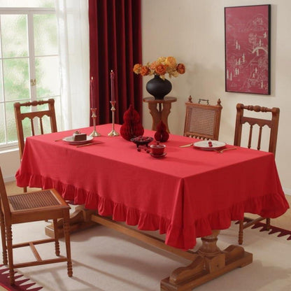 Baumwoll-Leinen Tischdecke mit Rüschen | 152x305cm | Rot
