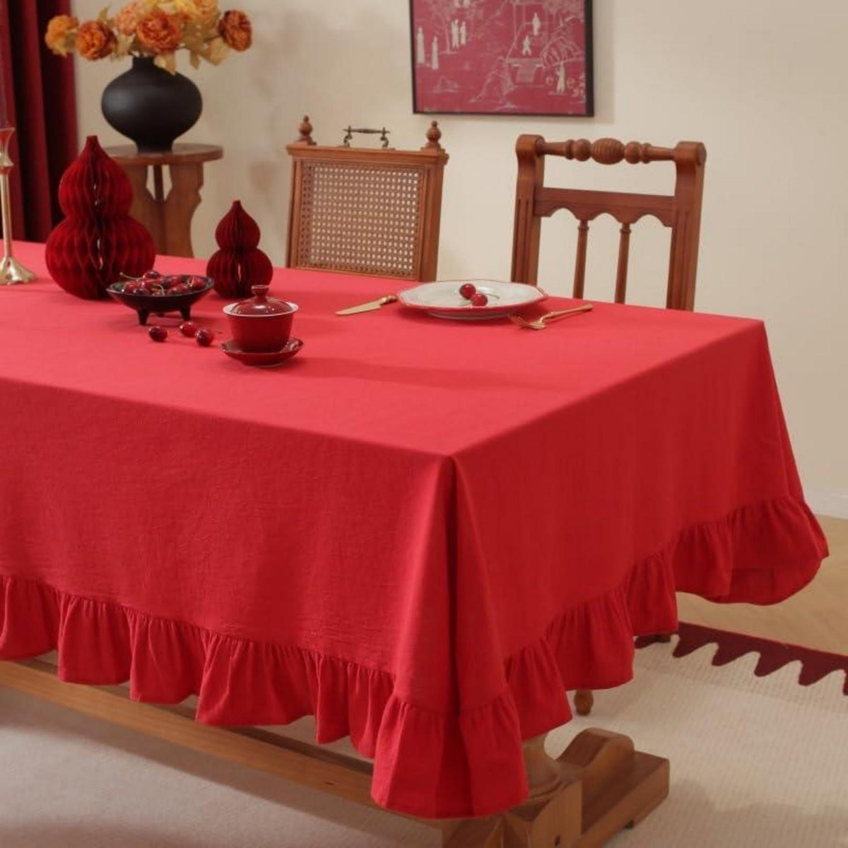 Baumwoll-Leinen Tischdecke mit Rüschen | 152x305cm | Rot