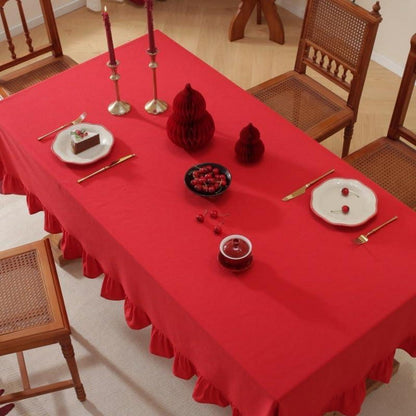 Baumwoll-Leinen Tischdecke mit Rüschen | 152x305cm | Rot
