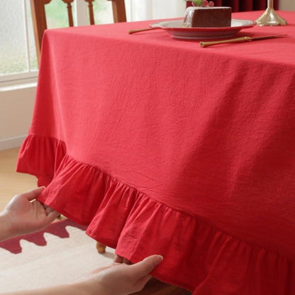 Baumwoll-Leinen Tischdecke Rüschen 140x300cm – Rot, Landhausstil
