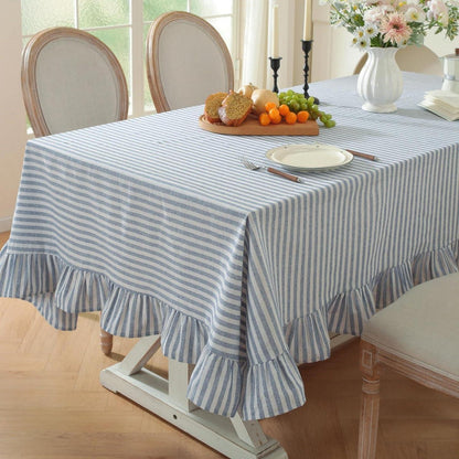 Baumwoll-Leinen Tischdecke Rüschen 140x300cm – Blau-Weiß, Landhausstil