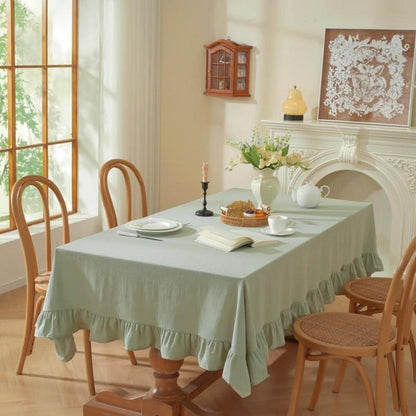 Baumwoll-Leinen Tischdecke Rüschenkante 152x305cm Hellgrün