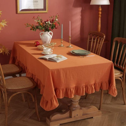 Baumwoll-Leinen Tischdecke Rüschen 152x305cm – Braun-Orange