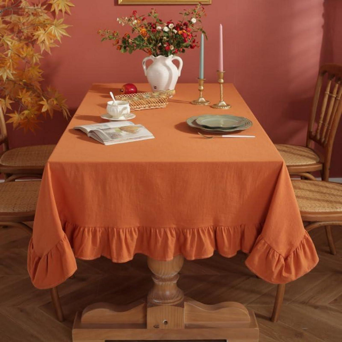 Baumwoll-Leinen Tischdecke Rüschen 152x305cm – Braun-Orange