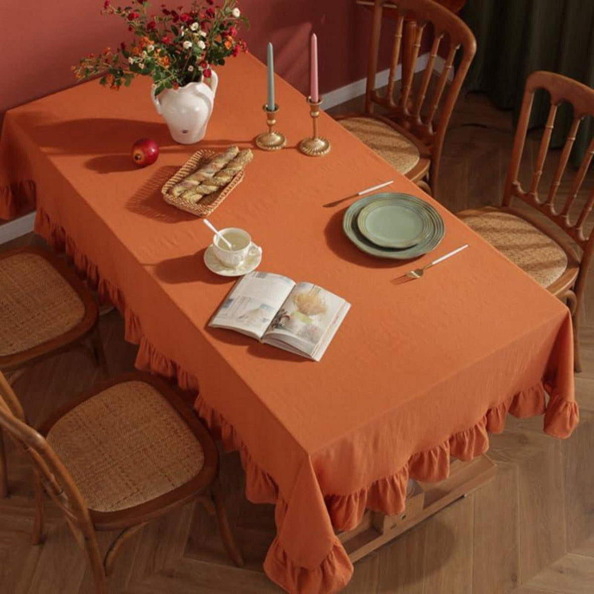 Baumwoll-Leinen Tischdecke Rüschen 152x305cm – Braun-Orange
