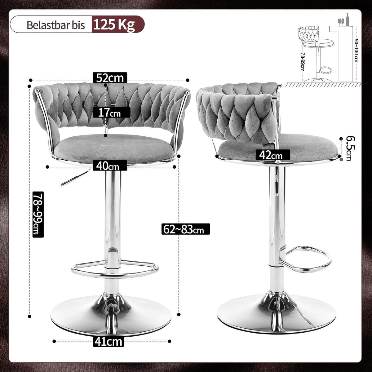 LEADZM Barhocker 2er Set, Höhenverstellbar, Samtsitz Dunkelgrau