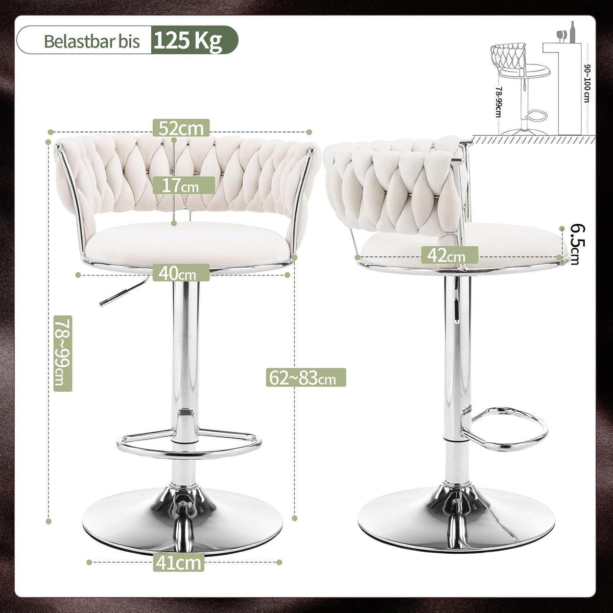 LEADZM Barhocker 2er Set, Höhenverstellbar, Samtsitz Beigeweiß