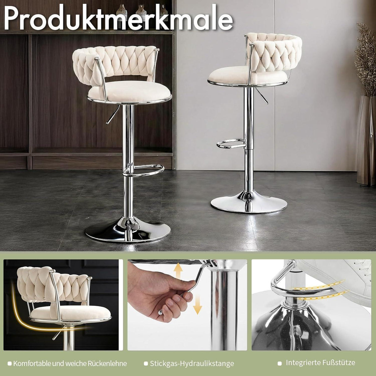 LEADZM Barhocker 2er Set, Höhenverstellbar, Samtsitz Beigeweiß