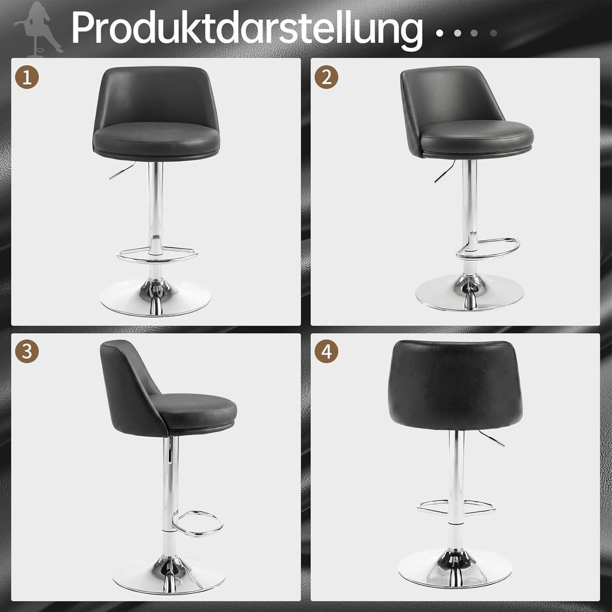 Barhocker Set 2er – Höhenverstellbar, Schwarz in Lederoptik