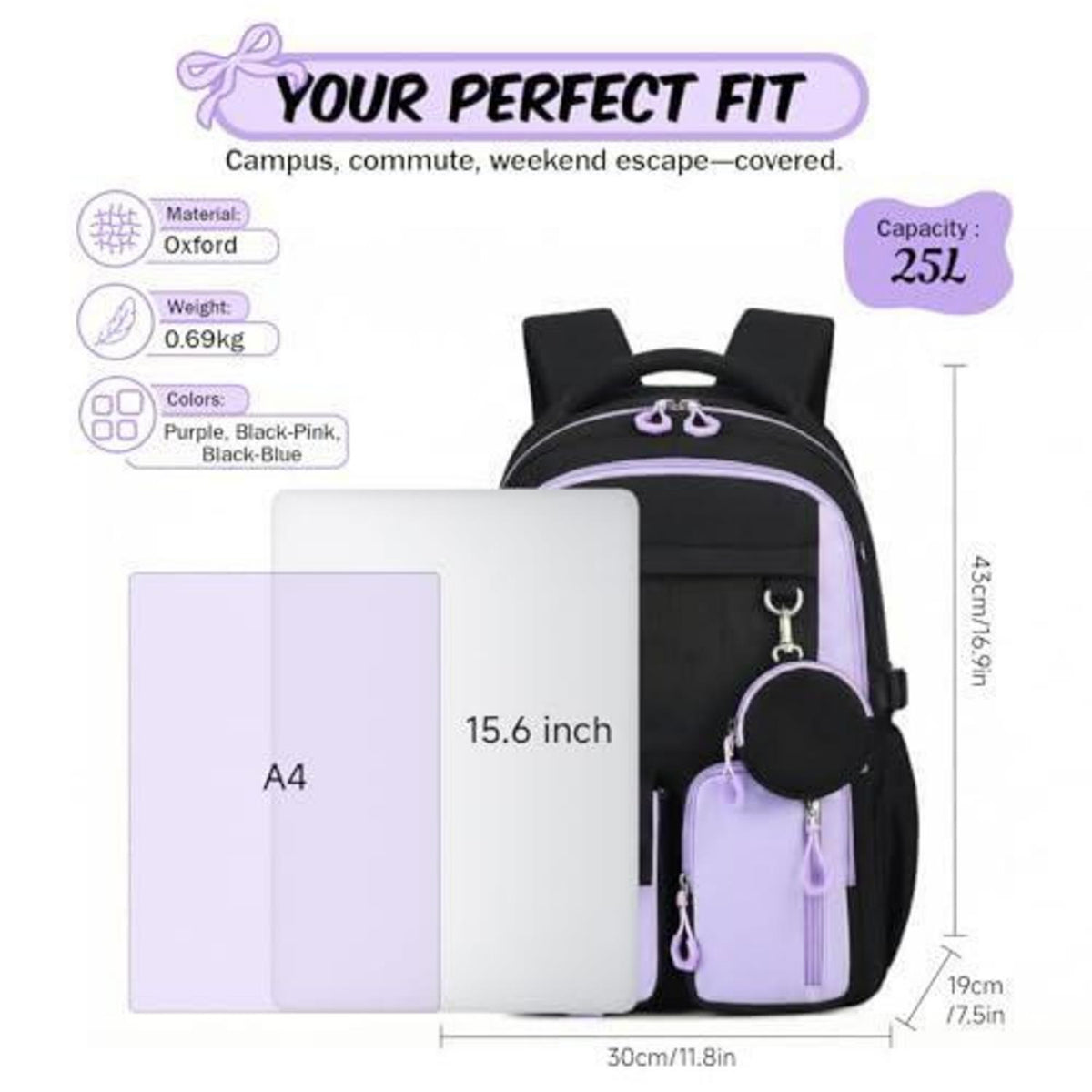Schulrucksack Mädchen 3.-7. Klasse mit Trolley-Gurt Lila Schwarz