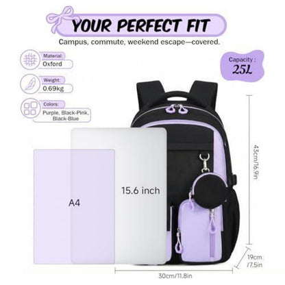 Schulrucksack Mädchen 3.-7. Klasse mit Trolley-Gurt Lila Schwarz