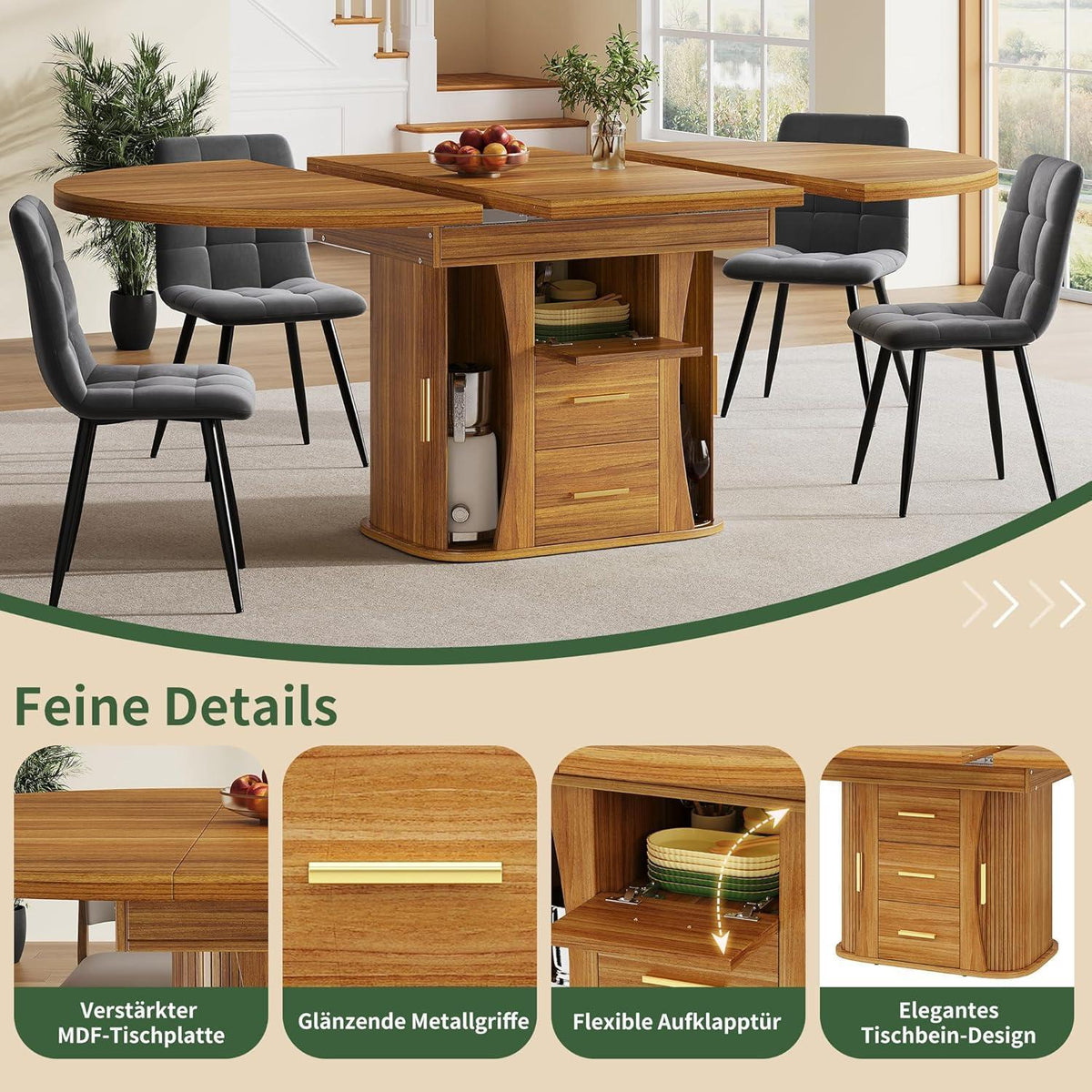 Ausziehbarer Esstisch Walnut – 118-158 cm, Platz für 6 Personen
